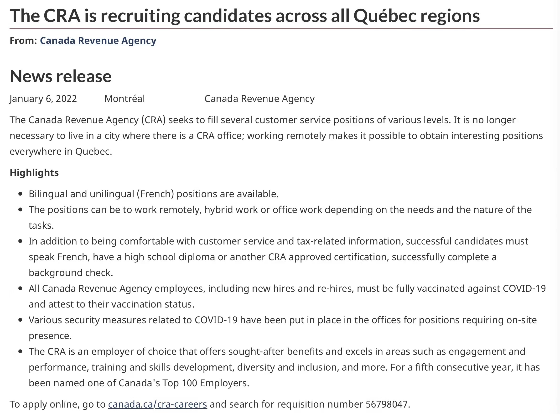 加拿大税务局正在魁省各地招人 薪水可达$65,000，还可以远程工作